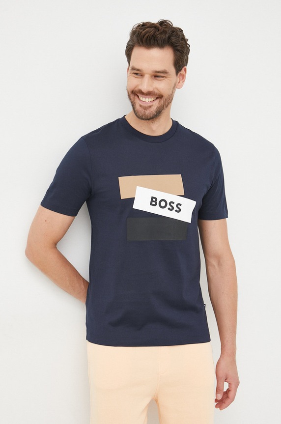 Bavlněné tričko BOSS potisk námořnická modř 50482112