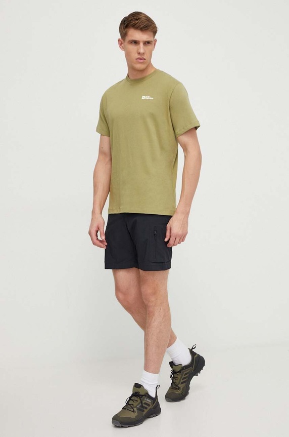 Βαμβακερό μπλουζάκι Jack Wolfskin Essential 1808382 πράσινο AW25