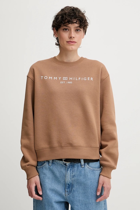 Mikina Tommy Hilfiger bez kapucne hnedá WW0WW39791