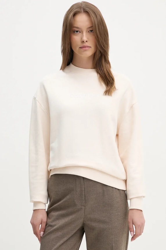 Βαμβακερή μπλούζα Calvin Klein χωρίς κουκούλα μπεζ K20K205450