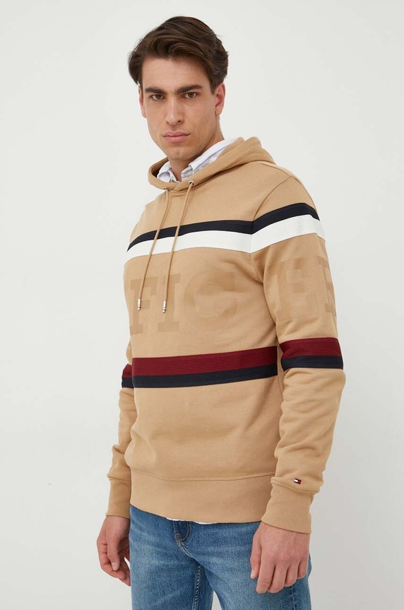 Tommy Hilfiger bluza bawełniana z kapturem beżowy MW0MW31489