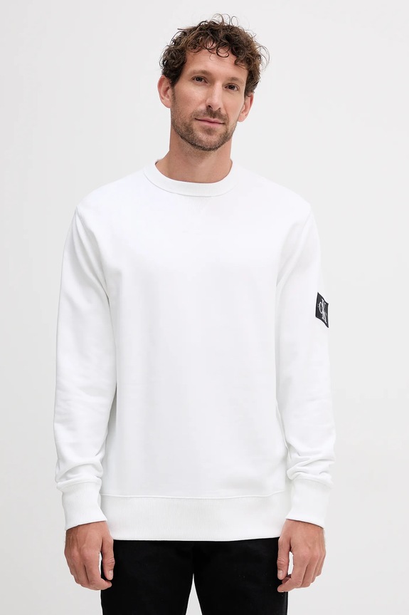 Bavlněná mikina Calvin Klein Jeans bez kapuce bílá J30J323426