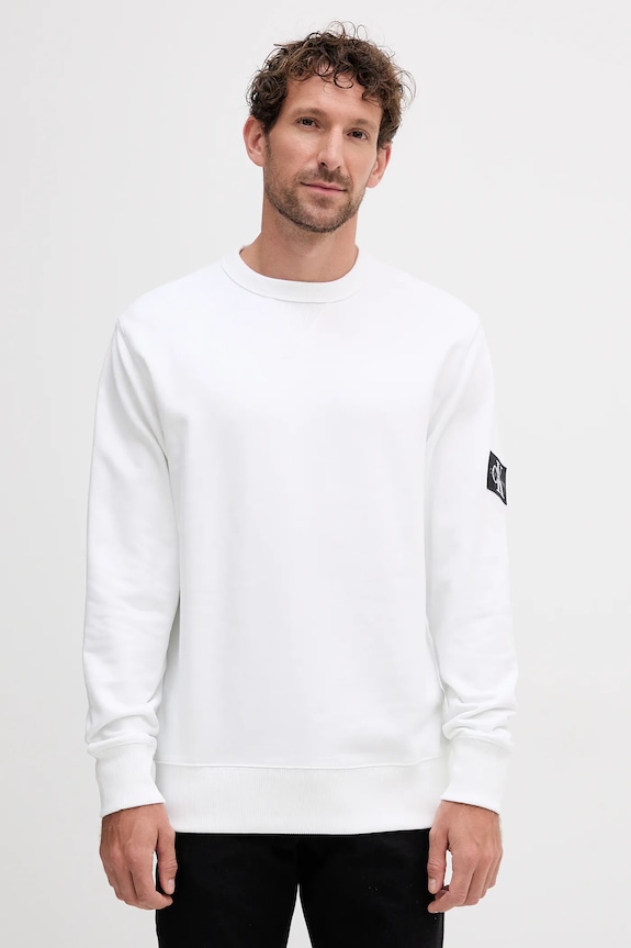 Bavlněná mikina Calvin Klein Jeans bez kapuce bílá J30J323426