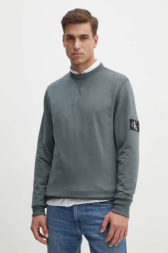 Bavlněná mikina Calvin Klein Jeans bez kapuce šedá J30J323426