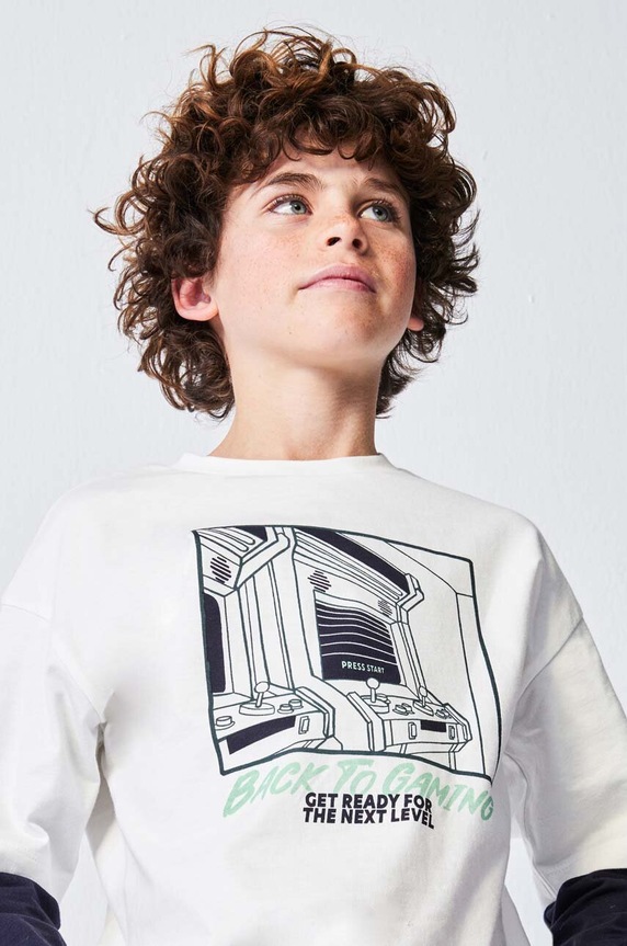 Mayoral longsleeve bawełniany dziecięcy nadruk beżowy 7060.7B.Junior.9BYX