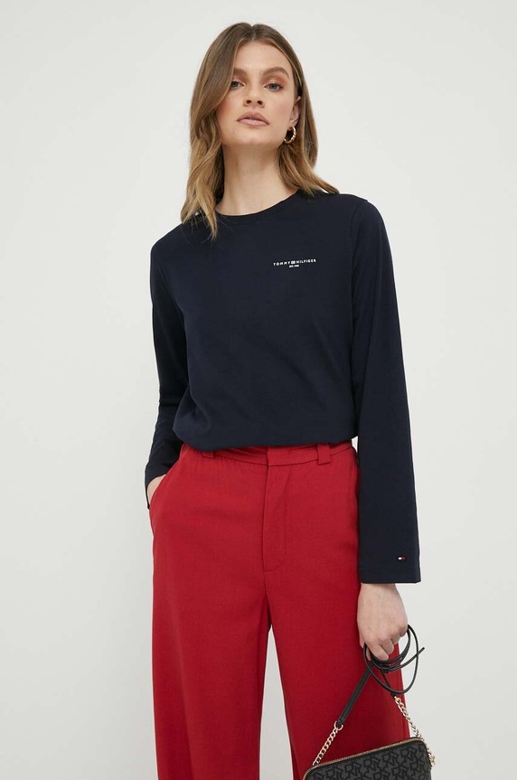 Majica z dolgimi rokavi Tommy Hilfiger Potisk mornarsko modra WW0WW39784