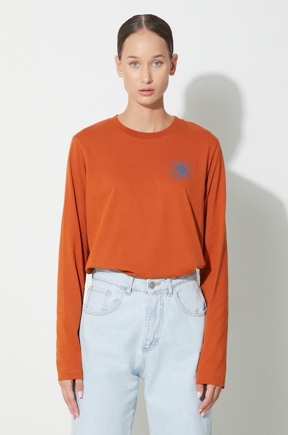 Bombažna majica z dolgimi rokavi Fjallraven 1960 Logo Okrogel oranžna F86989.243