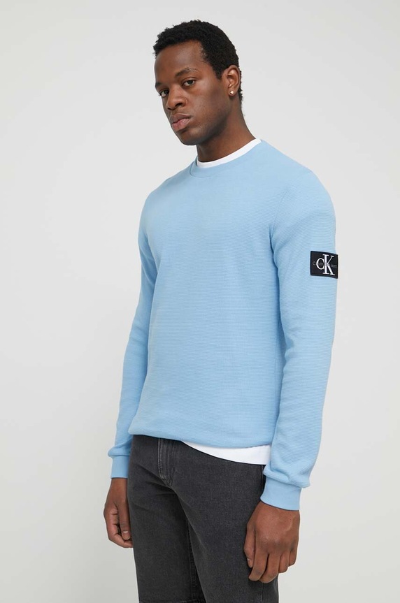 Bavlněná mikina Calvin Klein Jeans bez kapuce modrá J30J323485