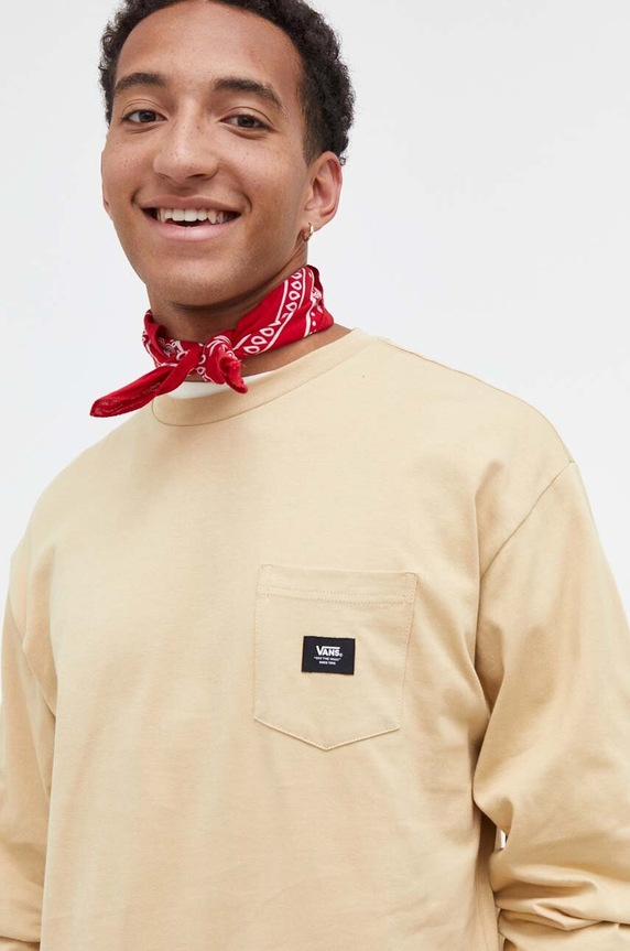 Bavlněné tričko s dlouhým rukávem Vans béžová VN00001AYUU1