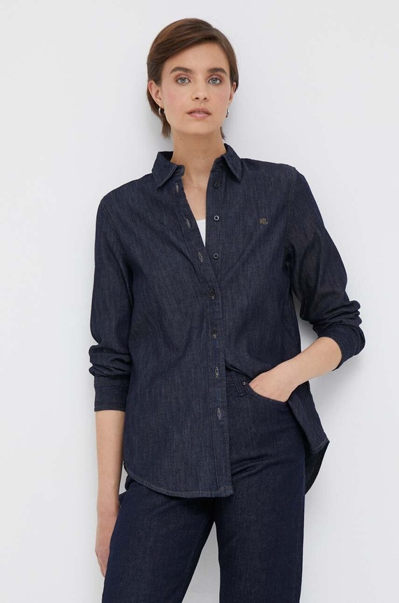 Τζιν πουκάμισο Lauren Ralph Lauren μακρύ σκούρο μπλε 200910353