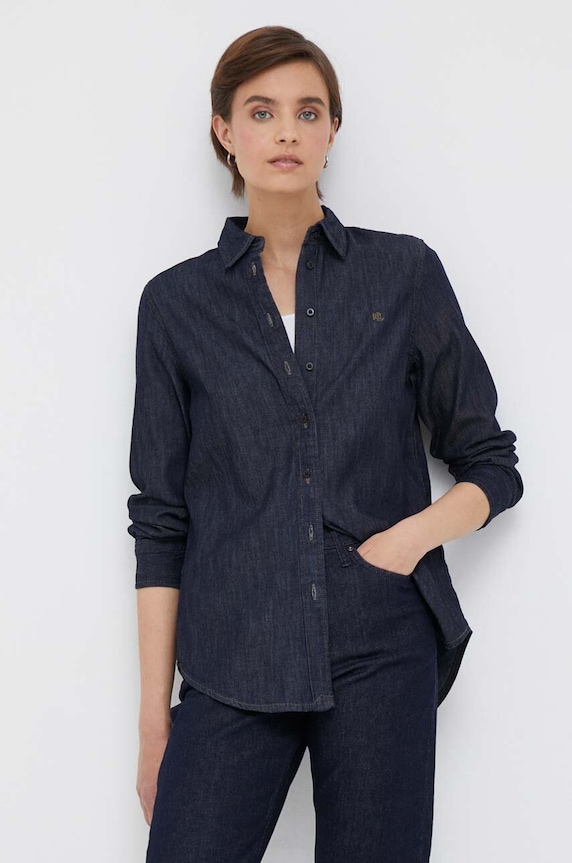 Τζιν πουκάμισο Lauren Ralph Lauren μακρύ σκούρο μπλε 200910353