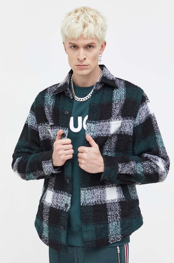 HUGO μπουφάν - πουκάμισο με προσθήκη μαλλιού με μείγμα μαλλιού πολύχρωμο 50502103