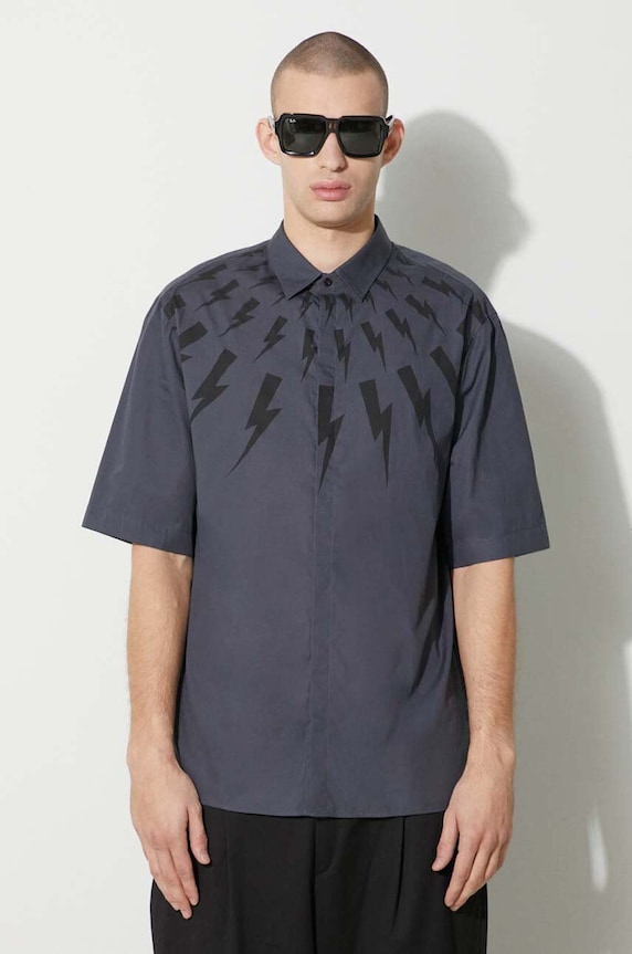 Neil Barrett camicia in cotone LOOSE ROLLED UP FAIR-ISLE THUNDERBOLT rilassato blu NBV6CM172A.V003S.037