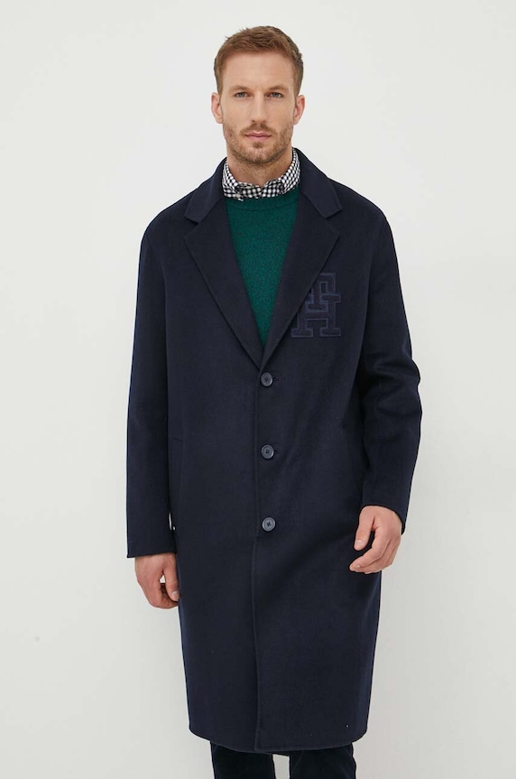 Vlněný kabát Tommy Hilfiger námořnická modř MW0MW32795