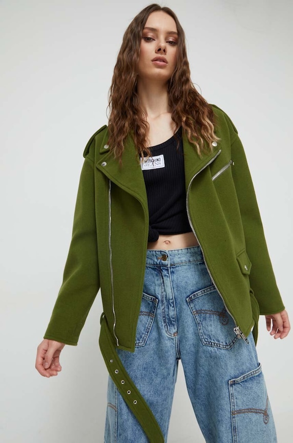 Vlnená bunda Moschino Jeans bez kapucne zelená 0610.8725