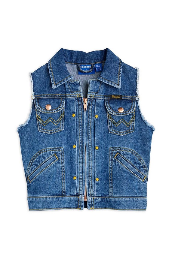Chłopiec Mini Rodini bezrękawnik jeansowy dziecięcy Mini Rodini x Wrangler 2381010360 niebieski