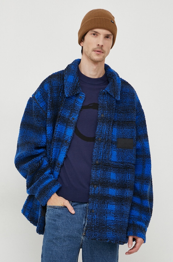 Košilová bunda Calvin Klein Jeans bez kapuce modrá J30J324312