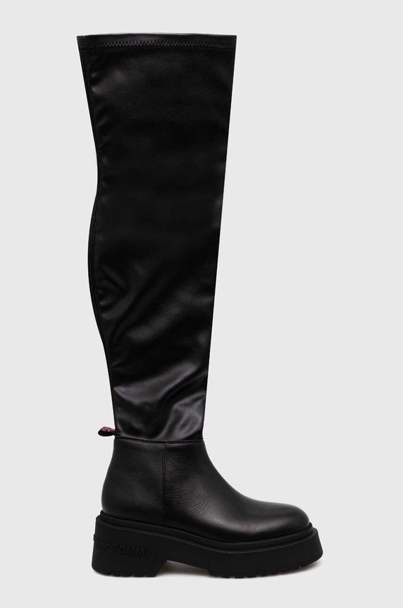 Čizme Tommy Jeans TJW OVER THE KNEE BOOTS zrnata koža crna EN0EN02254
