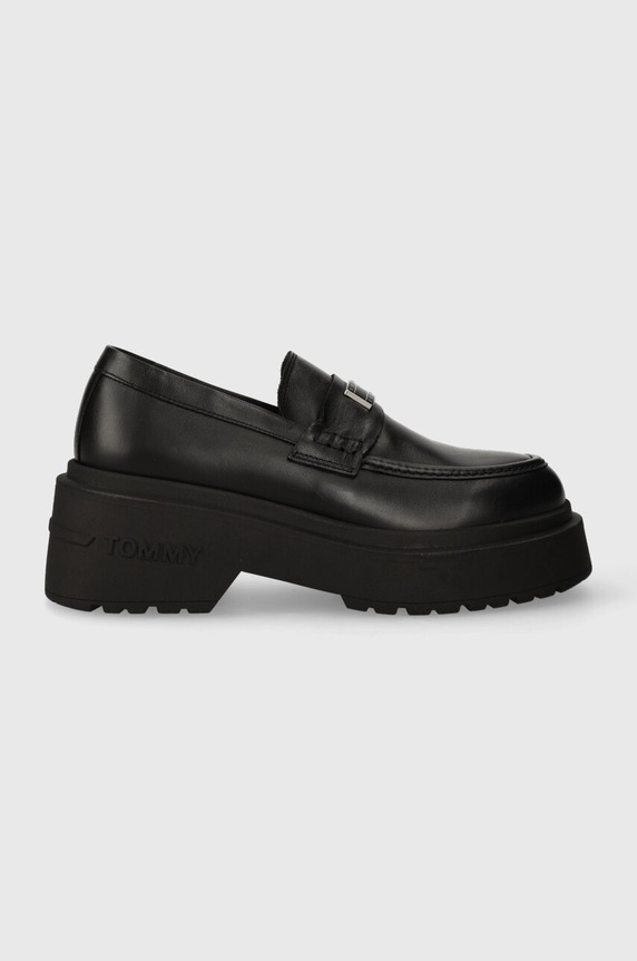 Кожени мокасини Tommy Jeans TJW CHUNKY LOAFER скосена платформа черен EN0EN02320