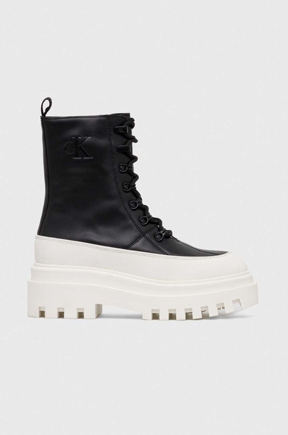 Calvin Klein Jeans workery skórzane FLATFORM LACE UP BOOT LTH syntetyczny czarny YW0YW01110