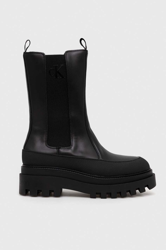 Kožené kotníkové boty Calvin Klein Jeans FLATFORM CHELSEA BOOT LTH WN textilní černá YW0YW01111