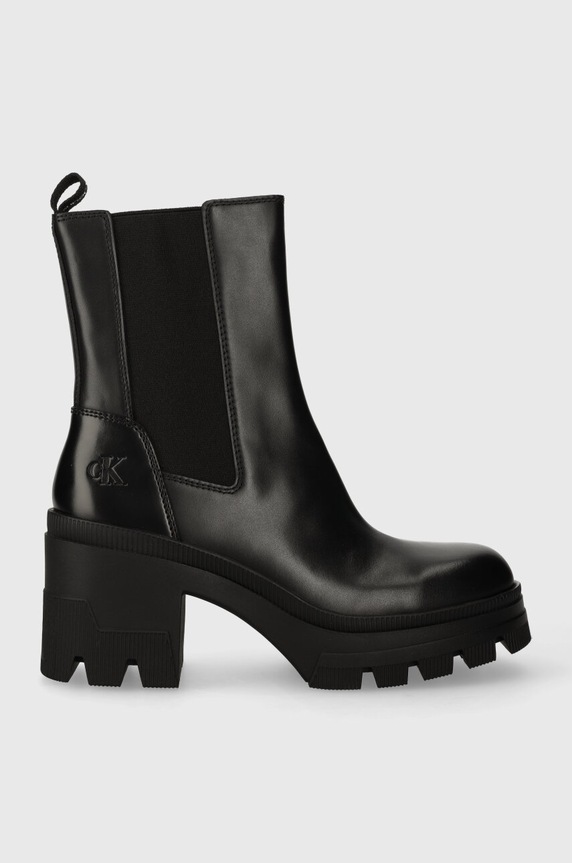 Кожени боти Calvin Klein Jeans CHUNKY HEELED CHELSEA BOOT LTH дебел черен YW0YW01112