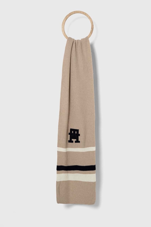 Tommy Hilfiger szalik z domieszką wełny aplikacja beżowy AM0AM11505