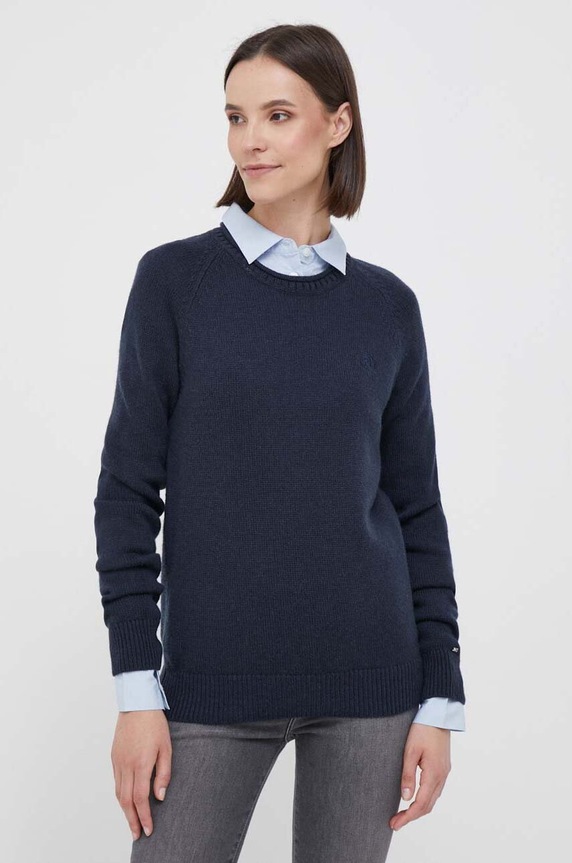 Μάλλινο πουλόβερ Tommy Hilfiger μελανζέ σκούρο μπλε WW0WW41171