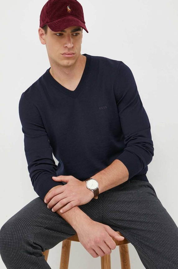 BOSS sweter wełniany Baram-L szpic granatowy 50476363