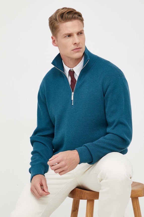 Armani Exchange sweter z domieszką wełny zapinany turkusowy 6RZM6G.ZM1LZ