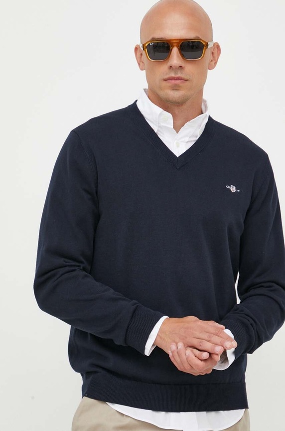 Gant maglione in cotone scollo a V blu navy 8030562