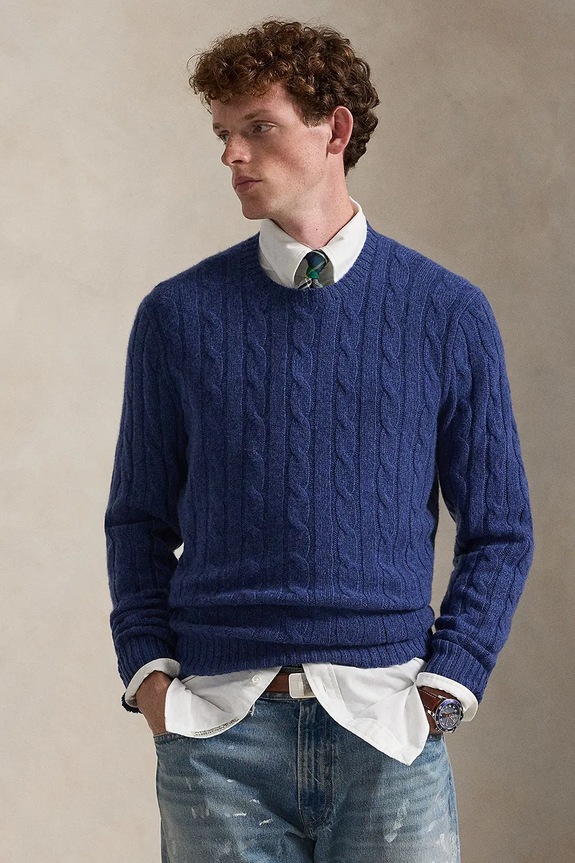 Kašmírový svetr Polo Ralph Lauren kulatý námořnická modř 710876728