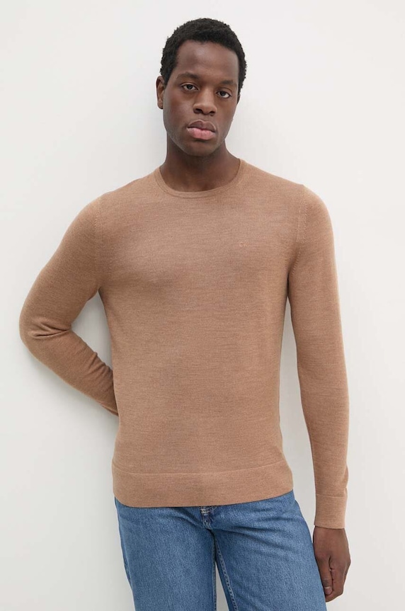 Calvin Klein sweter wełniany okrągły brązowy K10K109474