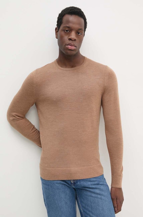 Calvin Klein sweter wełniany okrągły brązowy K10K109474
