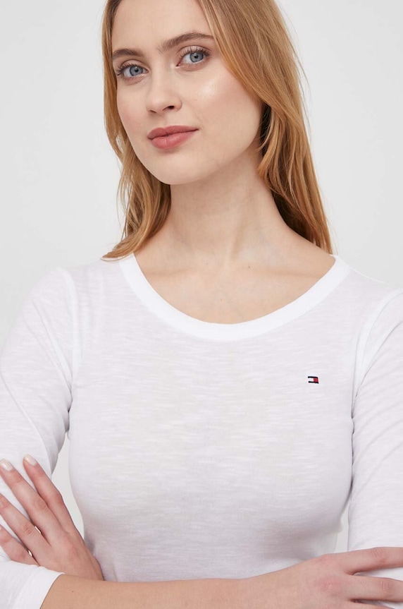 Βαμβακερή μπλούζα με μακριά μανίκια Tommy Hilfiger κανονικό λευκό WW0WW37861