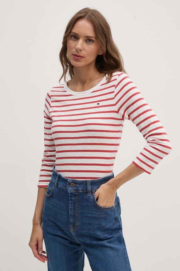 Bavlnené tričko s dlhým rukávom Tommy Hilfiger jednofarebný červená WW0WW37861