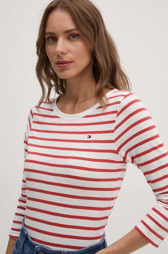 Bavlnené tričko s dlhým rukávom Tommy Hilfiger červená WW0WW37861