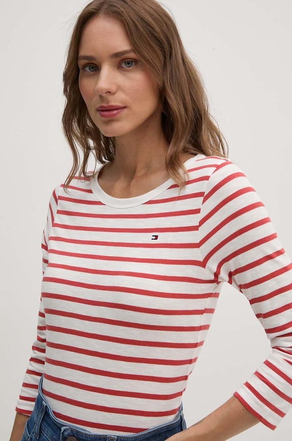 Bavlnené tričko s dlhým rukávom Tommy Hilfiger červená WW0WW37861
