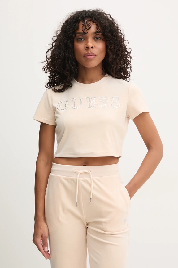 Velurové tričko Guess COUTURE nášivka béžová V3BI01.KBXI2