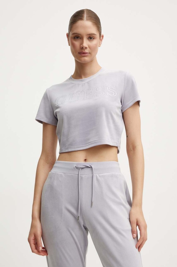 Velúrové tričko Guess COUTURE nášivka fialová V3BI01.KBXI2