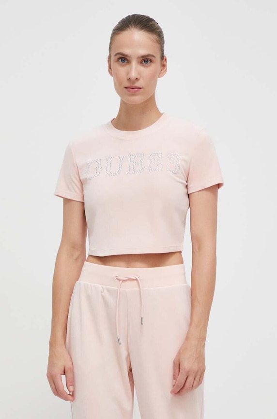 Velúrové tričko Guess COUTURE nášivka ružová V3BI01.KBXI2