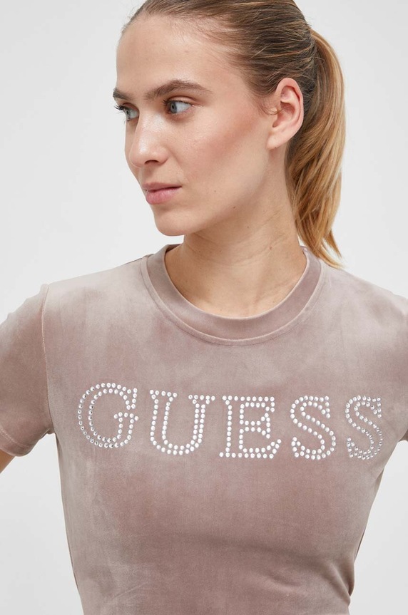 Guess t-shirt welurowy COUTURE różowy V3BI01.KBXI2