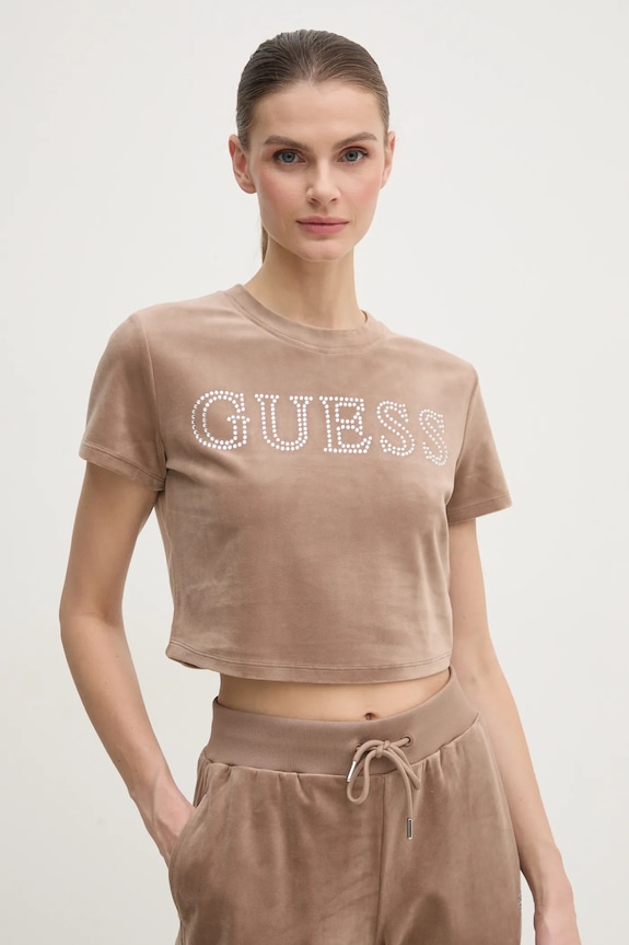 Βελούδινο μπλουζάκι Guess COUTURE μπεζ V3BI01.KBXI2