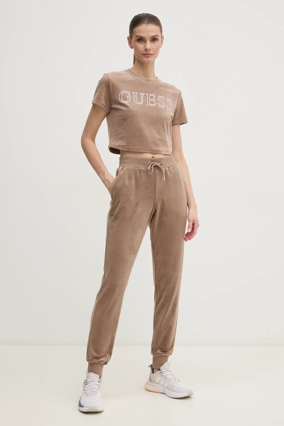 Βελούδινο μπλουζάκι Guess COUTURE V3BI01.KBXI2 μπεζ SS25