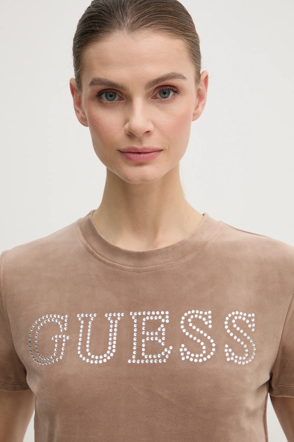 Βελούδινο μπλουζάκι Guess COUTURE μπεζ V3BI01.KBXI2