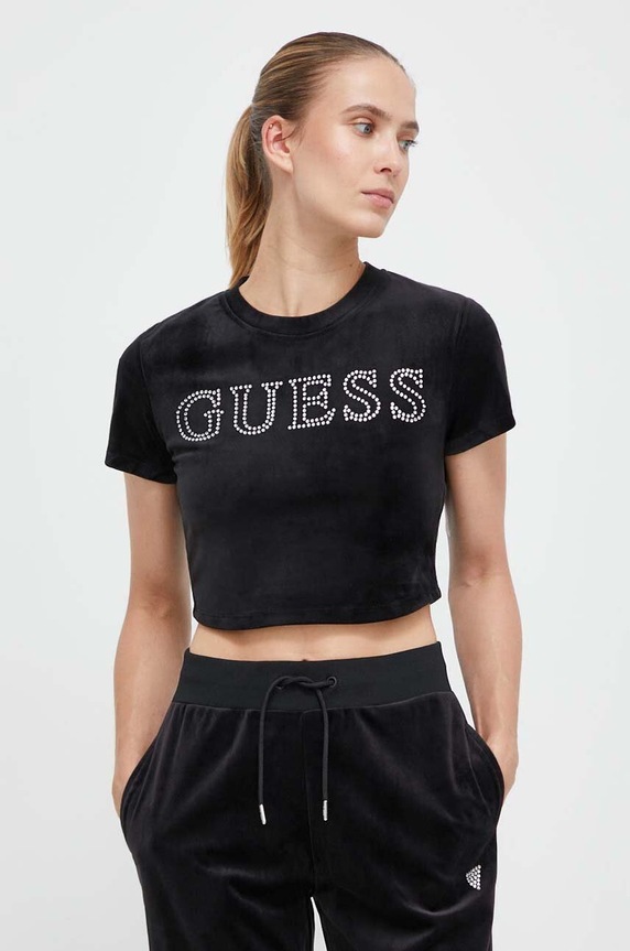Guess t-shirt welurowy COUTURE aplikacja czarny V3BI01.KBXI2