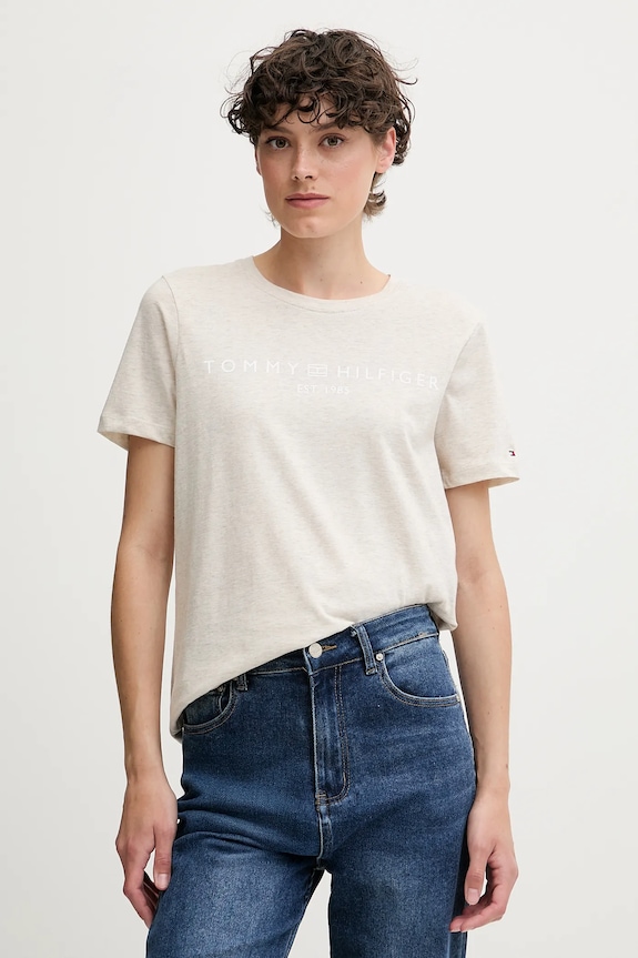 Tommy Hilfiger T-shirt damski bawełniany nadruk beżowy WW0WW40276