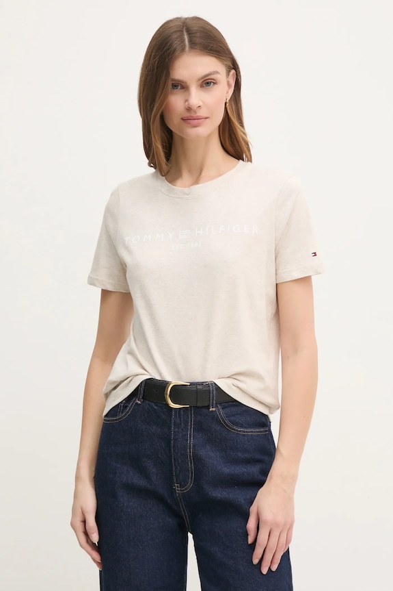 Tommy Hilfiger t-shirt da donna in cotone sovrastampa beige WW0WW40276