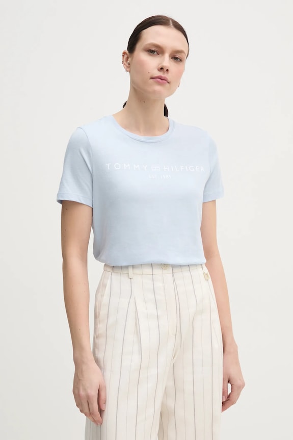 Tommy Hilfiger T-shirt damski bawełniany nadruk niebieski WW0WW40276