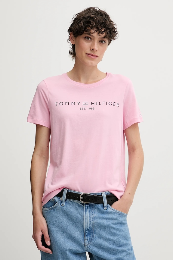 Tommy Hilfiger t-shirt da donna in cotone sovrastampa rosa WW0WW40276